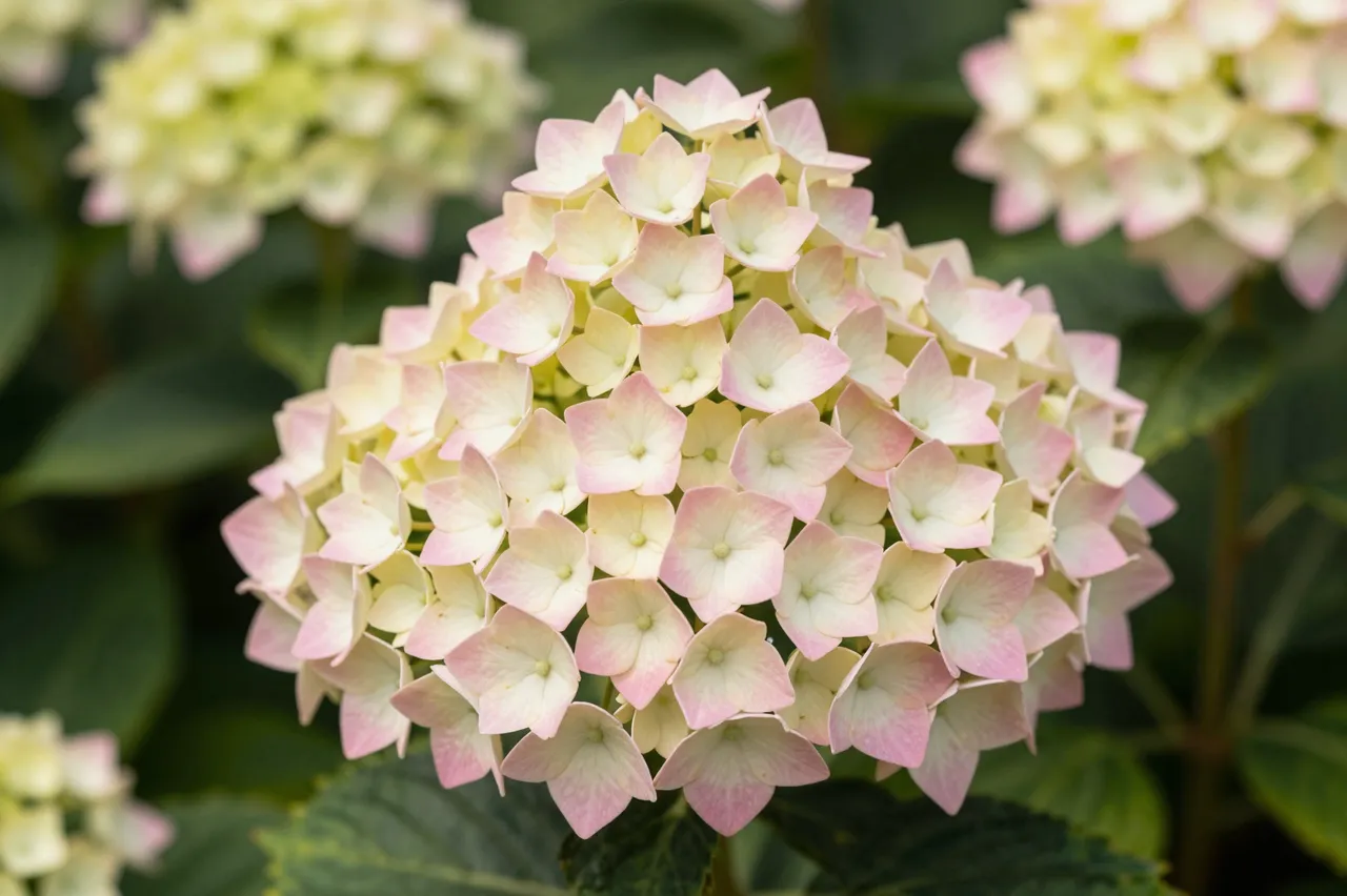 Close-up of a round hydrangea flower with cream petals blushing soft pink against out of focus green foliage