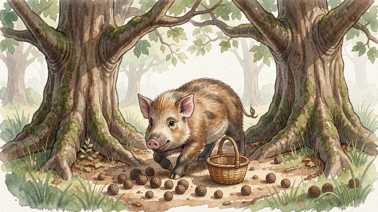 Watercolor illustration of a wild boar piglet next to a wicker basket and scattered truffles under old oak trees.
