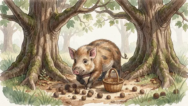 Watercolor illustration of a wild boar piglet next to a wicker basket and scattered truffles under old oak trees.