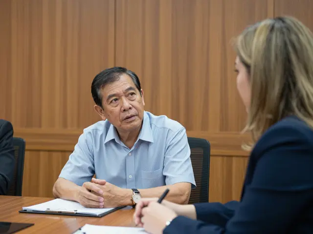 A senior Southeast Asian man listens to a woman colleague during a conference room meeting