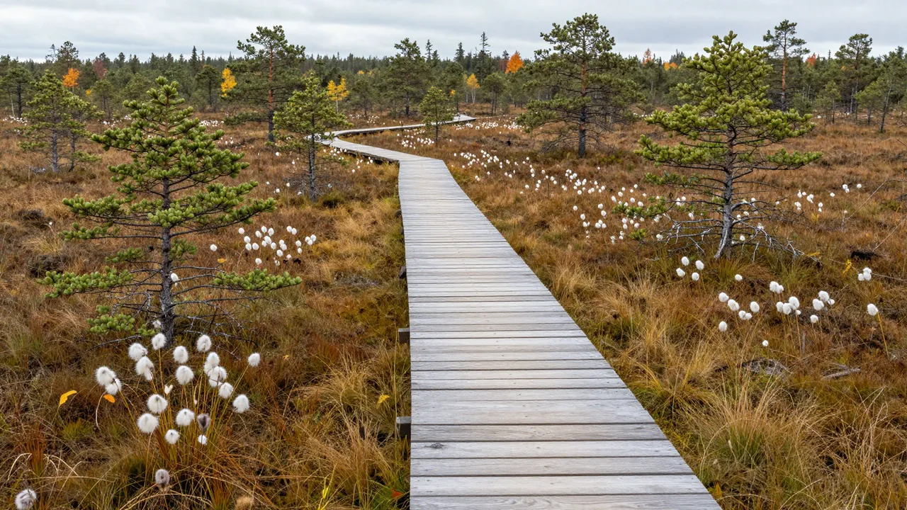 A winding wooden boardwalk crosses an autumn peat bog dotted with cotton grass and stunted pines under an overcast sky
