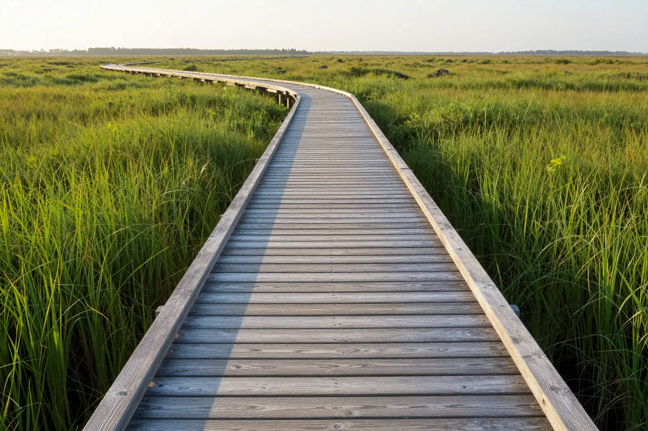 Curved wooden boardwalk winds through tall green marsh grass under soft sunrise light