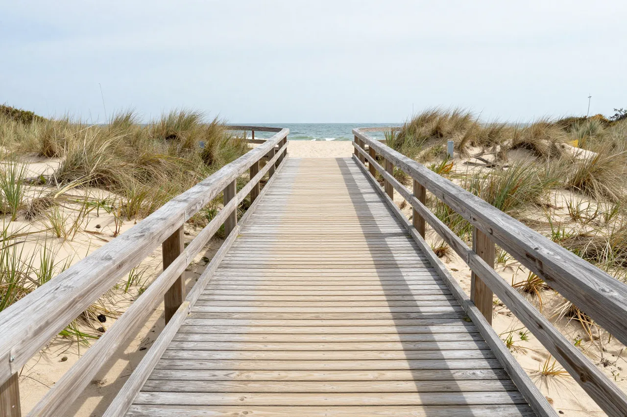 Weathered wooden boardwalk leads through sand dunes toward a calm ocean shoreline.