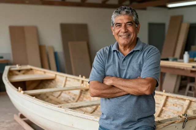 Smiling senior Latino man stands with crossed arms beside an unfinished wooden rowboat in a workshop