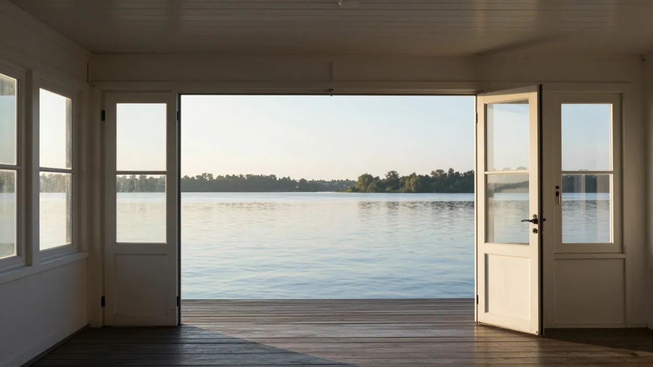 Open white boathouse doors frame a calm river view during soft early morning sunrise