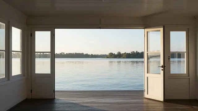 Open white boathouse doors frame a calm river view during soft early morning sunrise