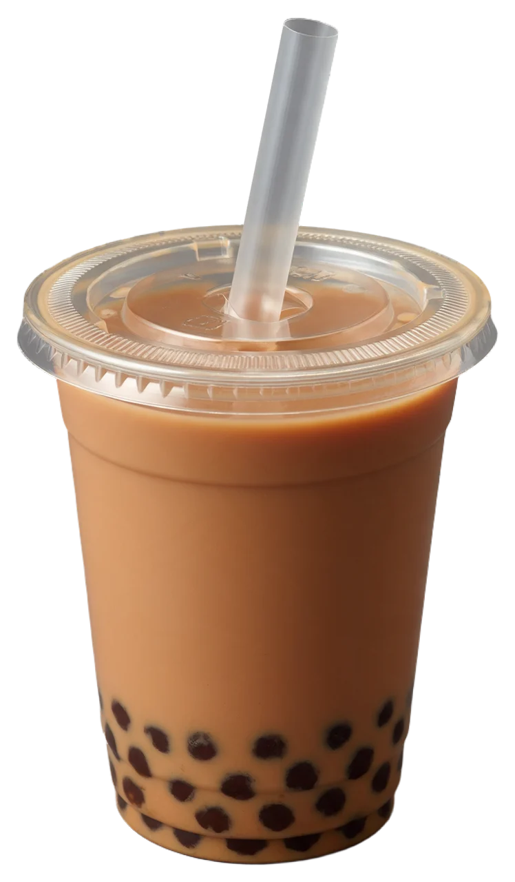Clear plastic cup of brown milk tea with tapioca pearls and a wide plastic straw through a lid