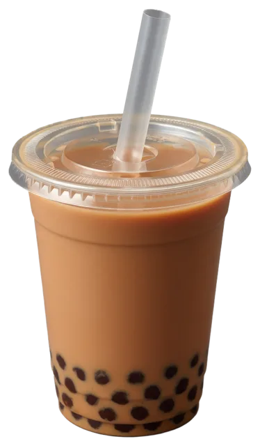Clear plastic cup of brown milk tea with tapioca pearls and a wide plastic straw through a lid