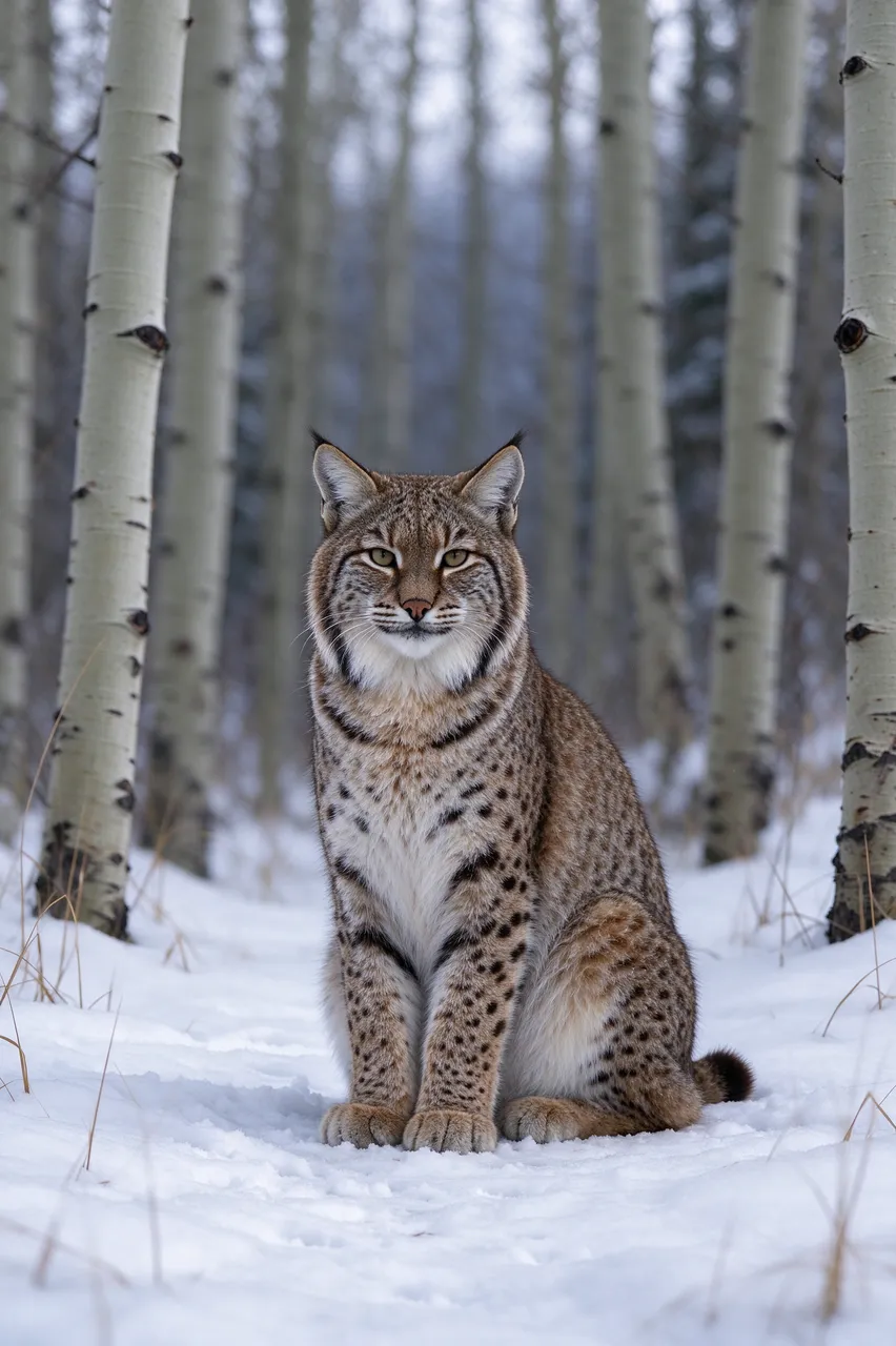 A spotted wild bobcat sits upright on snow among aspen tree trunks under overcast light