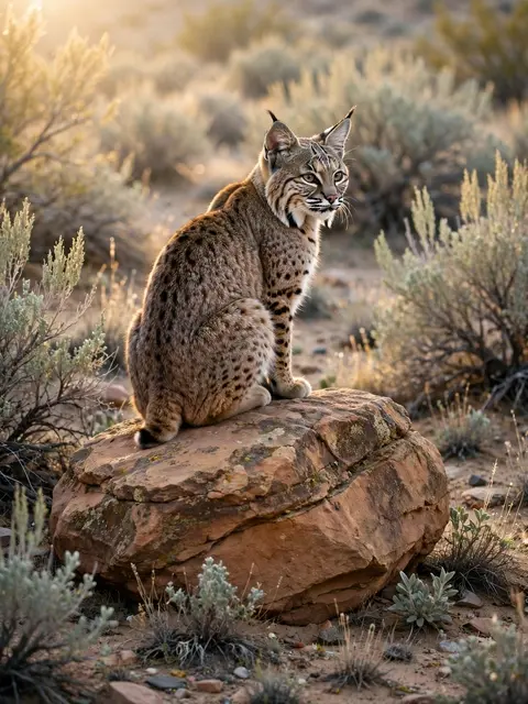 A tufted-eared bobcat sits on a sandstone boulder in desert sagebrush, lit by warm morning sun.