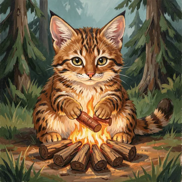 A cute stylized bobcat sits tending a small campfire in a pine forest clearing