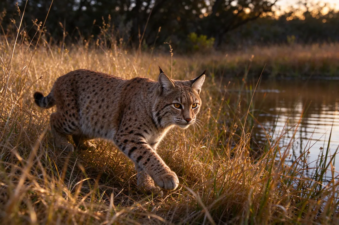 A spotted bobcat walks through dry golden grass beside marsh water in warm evening light