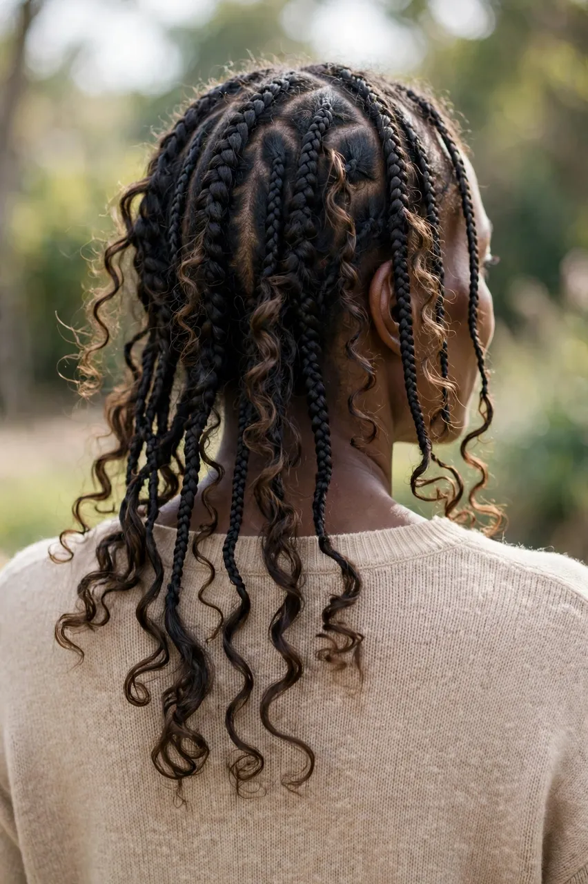 Back view of a Black woman with bohemian braids wearing a sand sweater outdoors in soft daylight