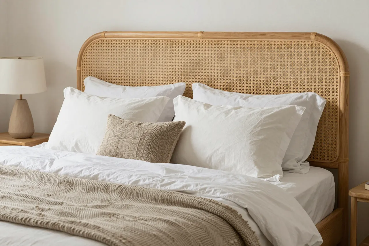 Cozy neutral bohemian bedroom featuring a woven rattan headboard and layered soft textiles on the bed