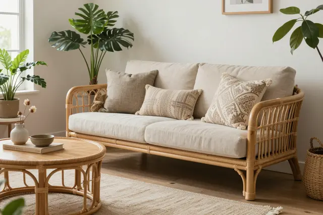 Bright bohemian living room with rattan sofa, coffee table, and lush potted houseplants in natural daylight