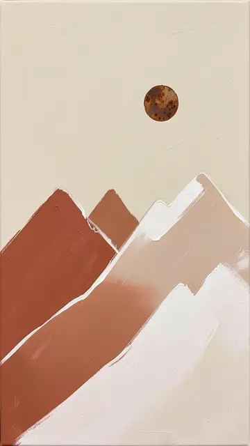 Textured acrylic painting of minimal mountains with a small rust circle sun on a beige background