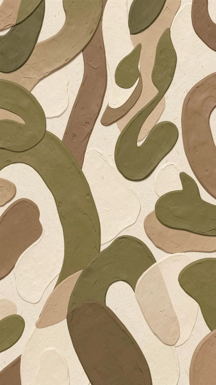 Vertical textured abstract pattern with stacked organic shapes in olive, clay and cream tones