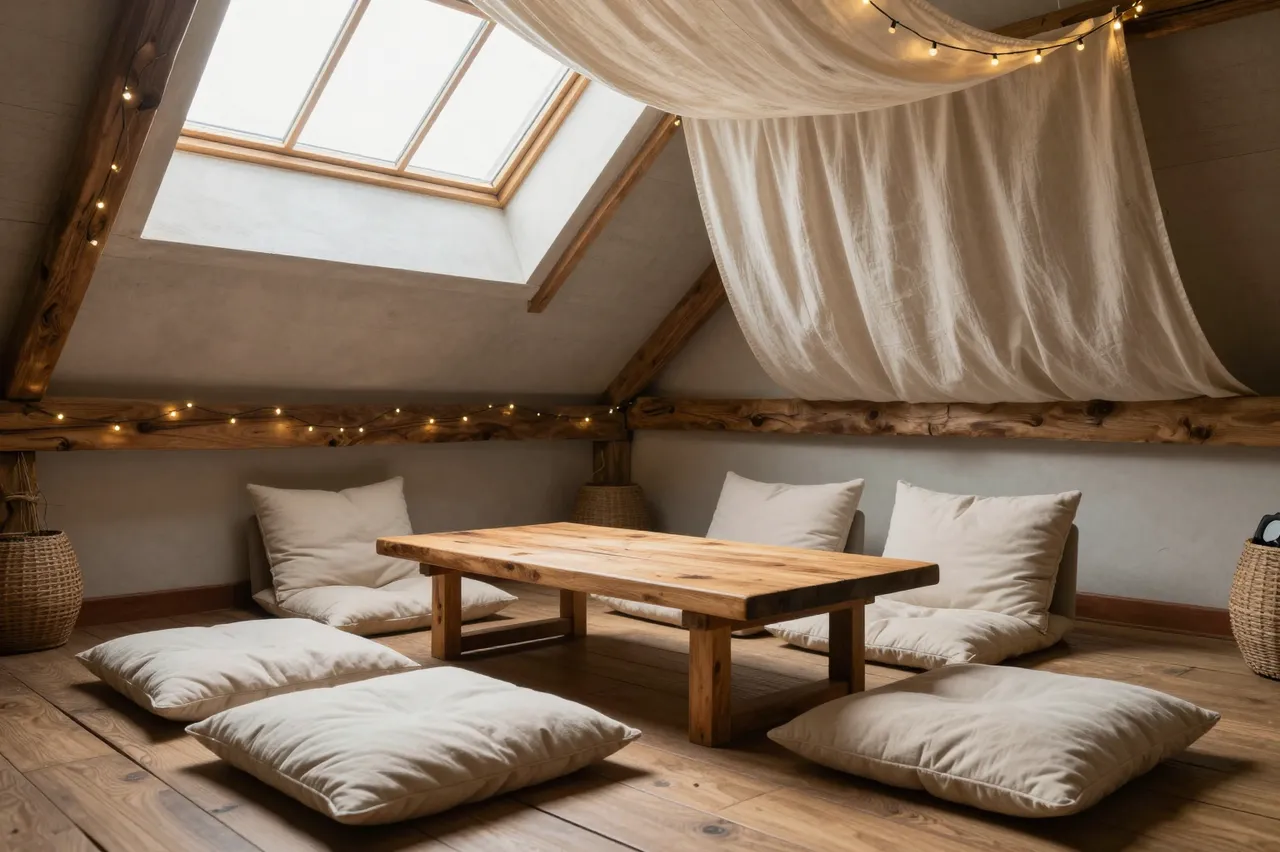 Cozy bohemian attic lounge with floor cushions, low wooden table, draped fabric and fairy lights under a skylight