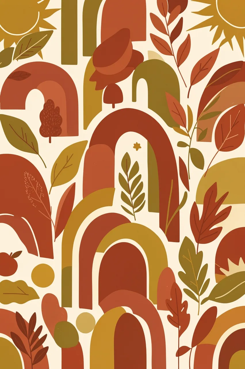 Mid-century style illustration of abstract arches, fall leaves and sun motifs in warm terracotta, mustard and olive tones