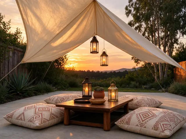 Triangular canvas canopy shades a low wooden patio table with floor cushions and lit lanterns at golden sunset