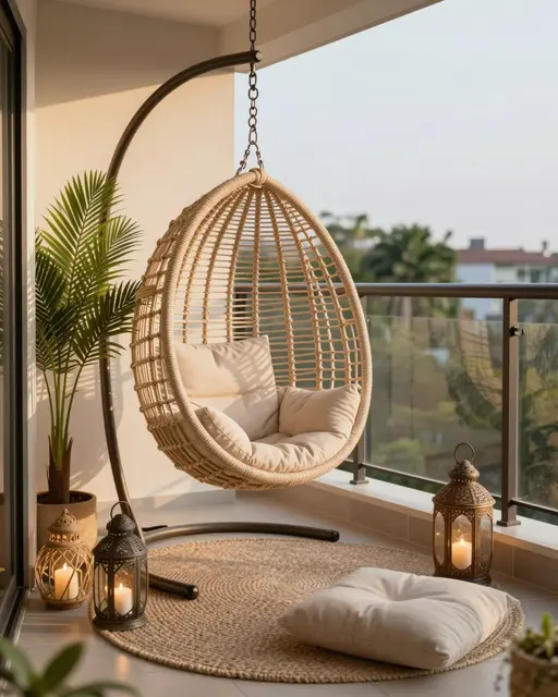 Cozy boho style balcony with hanging egg chair, cushions, lanterns and potted palm in warm golden hour light