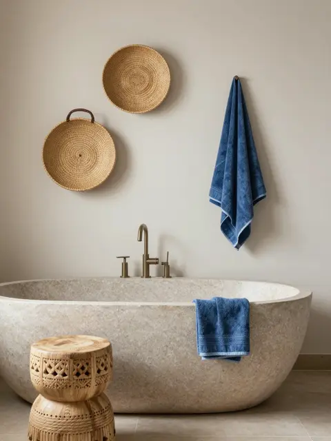 Freestanding stone bathtub with woven wall baskets, carved stool and indigo towels in a calm bathroom