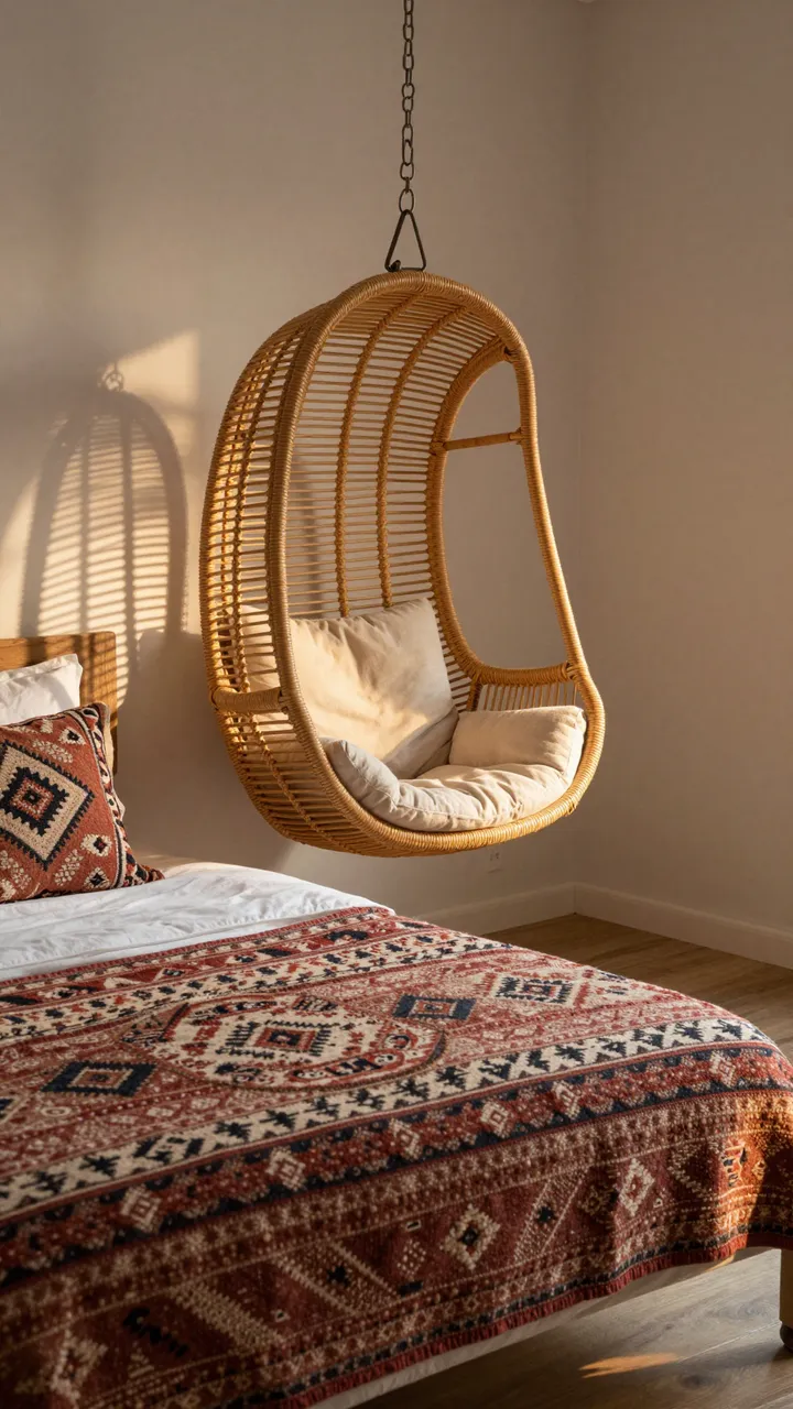 Warm afternoon light illuminates a boho bedroom with a hanging rattan chair and patterned kilim bed linens