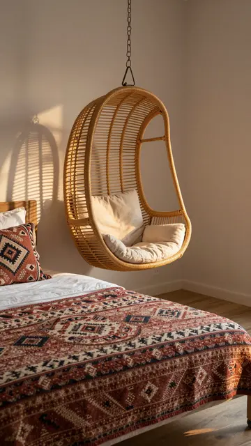 Warm afternoon light illuminates a boho bedroom with a hanging rattan chair and patterned kilim bed linens