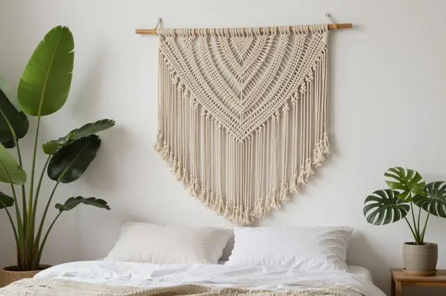 Bright minimalist boho bedroom featuring a macrame wall hanging, potted houseplants, and an unmade bed with white linens.