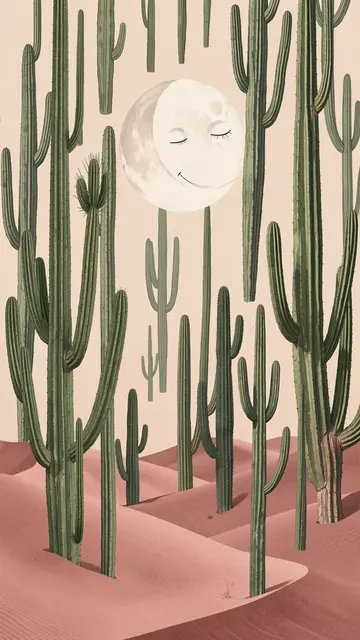 Tall saguaro cacti stand over dusty rose dunes below a sleepy smiling crescent moon