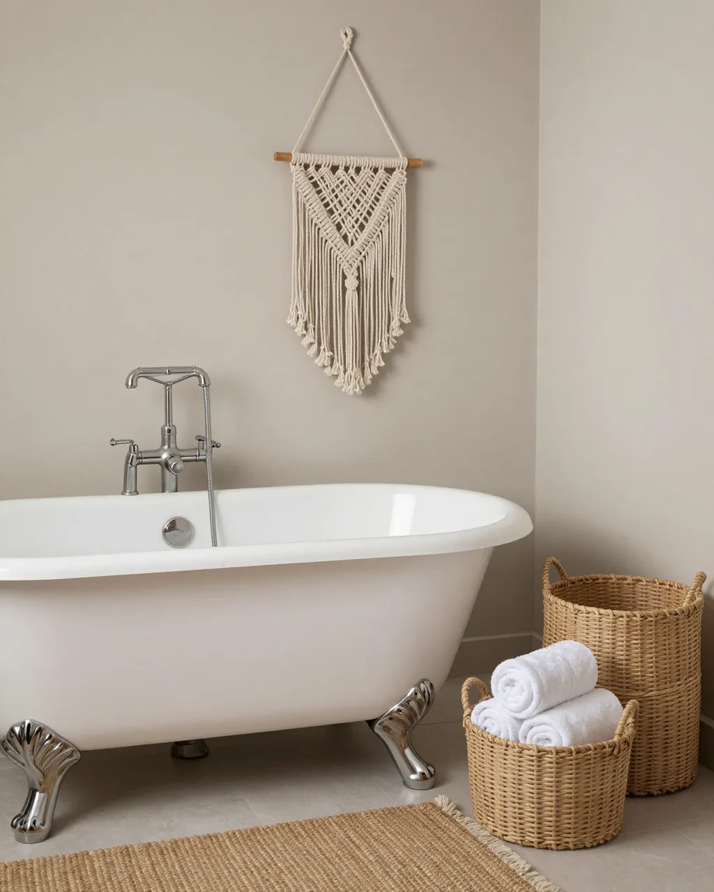 Bright neutral boho bathroom with white clawfoot tub, woven baskets, macrame wall decor and jute rug