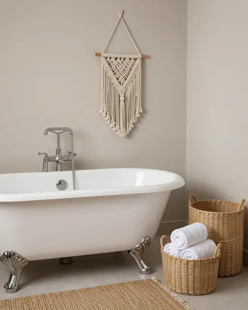 Bright neutral boho bathroom with white clawfoot tub, woven baskets, macrame wall decor and jute rug