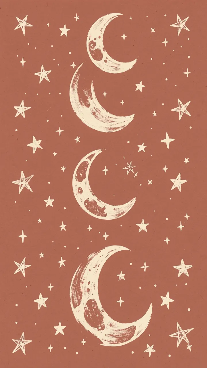 Hand-painted cream crescent moons and stars arranged vertically on a dusty terracotta background