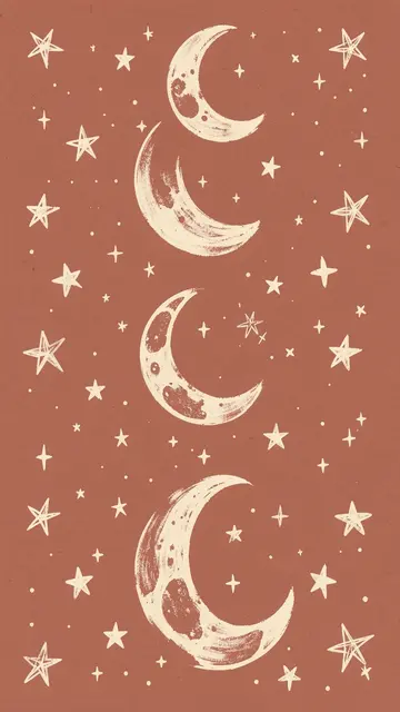 Hand-painted cream crescent moons and stars arranged vertically on a dusty terracotta background