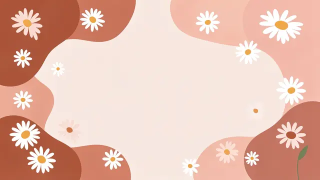 Flat vector background with organic terracotta and blush blobs, scattered daisies, and empty central copy space