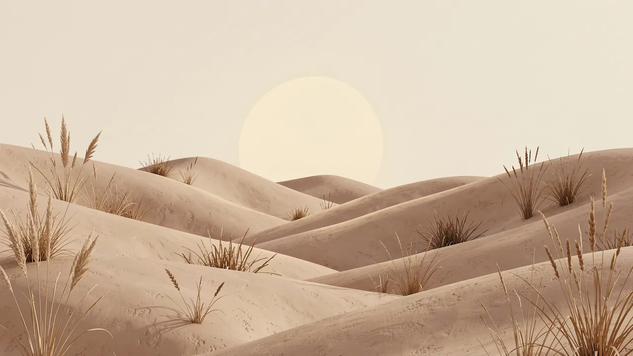 Soft rolling clay-toned dunes dotted with dried grasses sit below a large pale muted sun