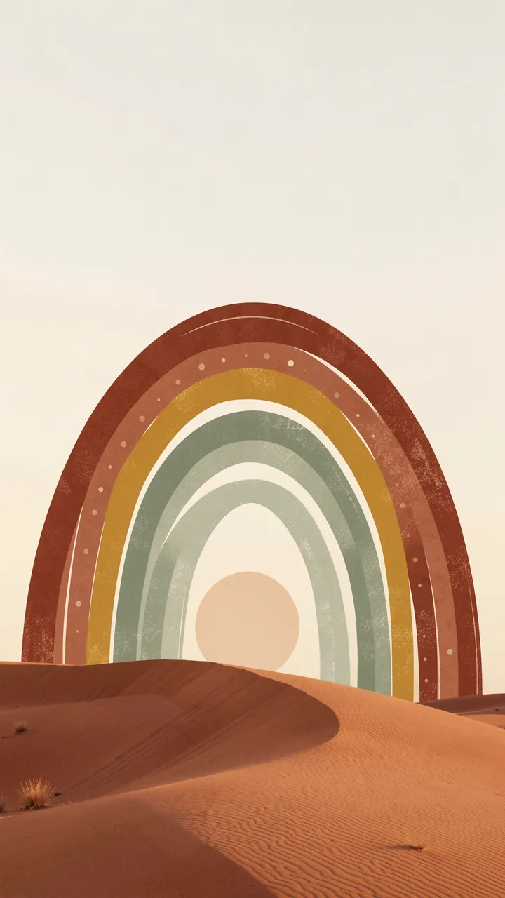 Stylized half rainbow in rust, mustard and sage rises from a terracotta sand dune under a pale round sun