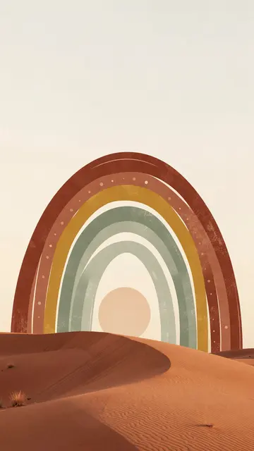 Stylized half rainbow in rust, mustard and sage rises from a terracotta sand dune under a pale round sun