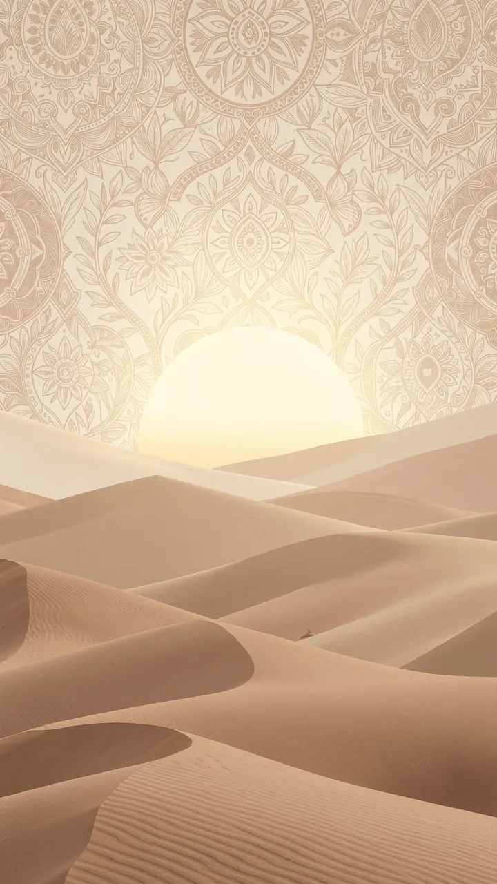 Half-risen sun sits behind layered sand dunes overlaid with delicate mandala boho patterns