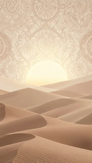 Half-risen sun sits behind layered sand dunes overlaid with delicate mandala boho patterns