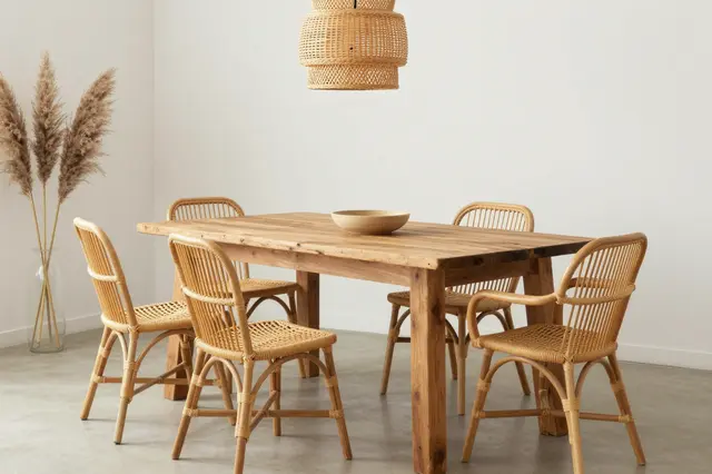 Bright minimalist boho dining room with reclaimed wood table, rattan chairs, woven pendant and pampas grass