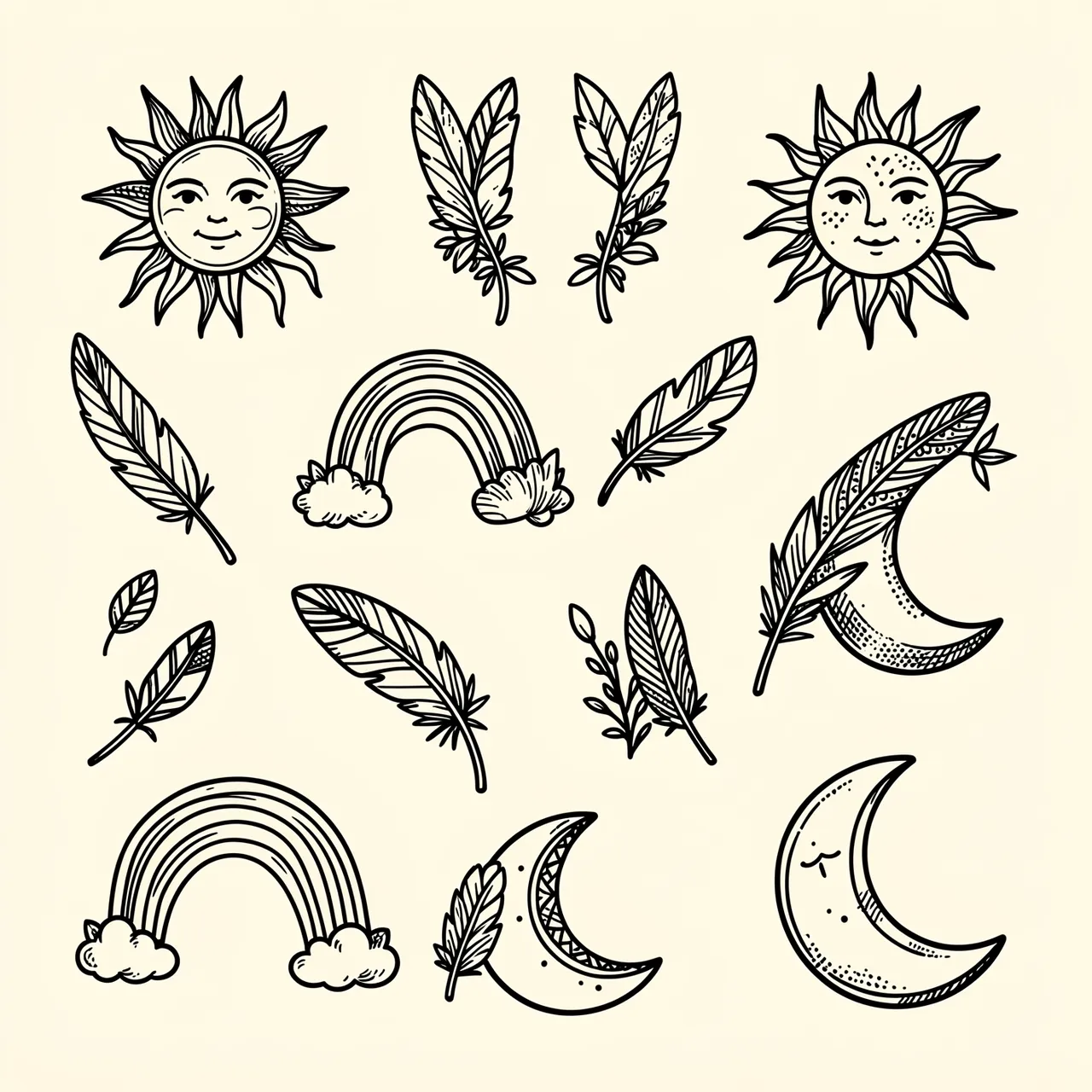 Hand drawn black boho sun, feather, rainbow and moon doodles arranged loosely on a cream background