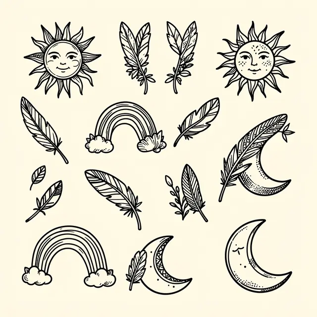 Hand drawn black boho sun, feather, rainbow and moon doodles arranged loosely on a cream background