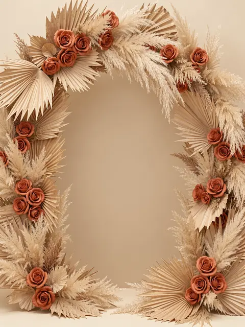 A symmetrical boho floral arch of pampas grass, palm leaves and terracotta roses frames empty beige copy space.