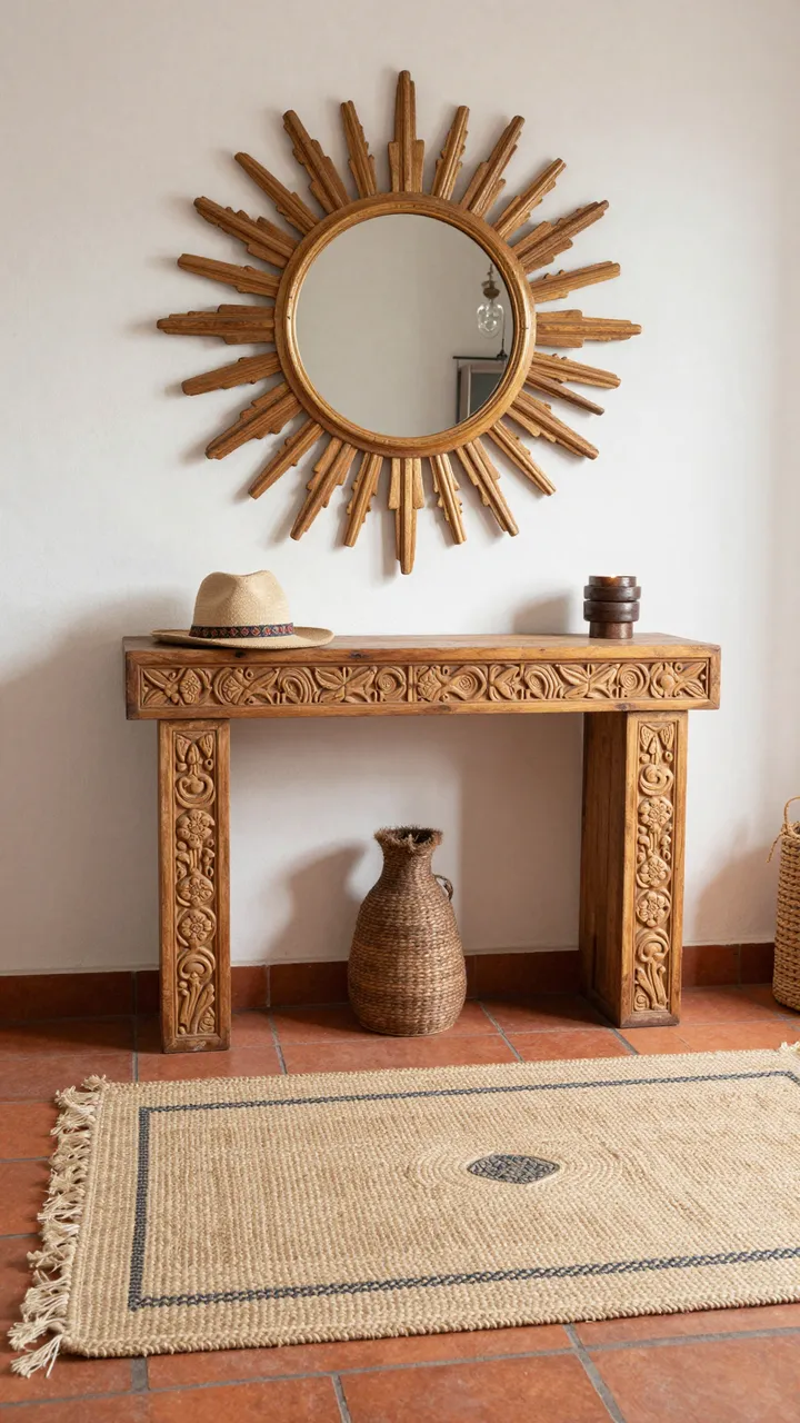 Carved wooden console table with sunburst mirror, jute rug and woven decor on terracotta tile flooring