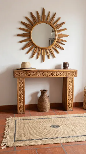 Carved wooden console table with sunburst mirror, jute rug and woven decor on terracotta tile flooring
