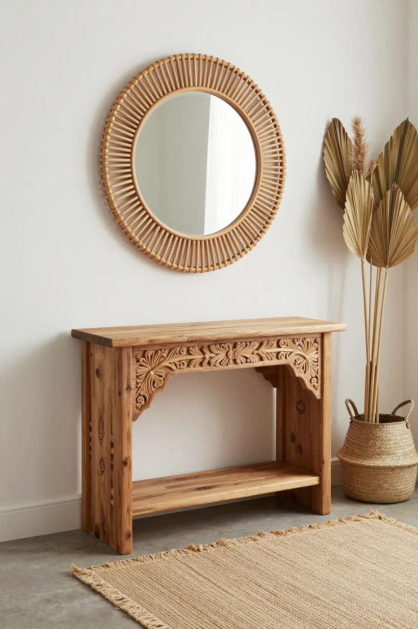 A carved wooden console sits below a round rattan mirror next to a woven basket of dried palms, with a fringed flatweave rug