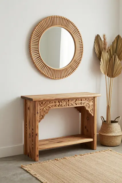 A carved wooden console sits below a round rattan mirror next to a woven basket of dried palms, with a fringed flatweave rug