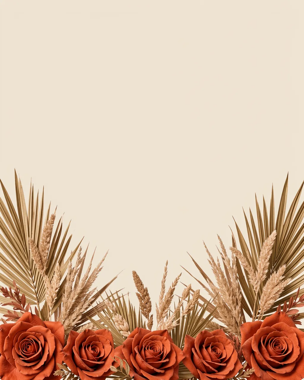 Terracotta roses, dried grasses and palm fronds line the bottom of an empty beige background with copy space above