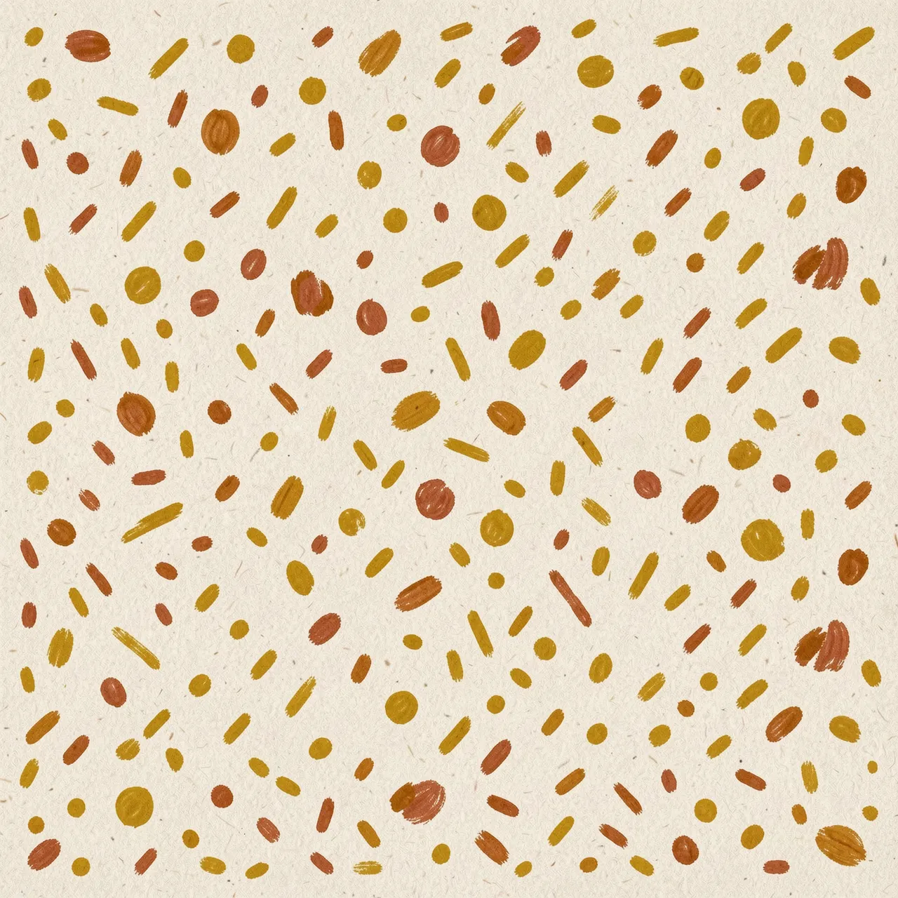 Hand-painted mustard and terracotta dots and dashes scattered across a textured oatmeal background